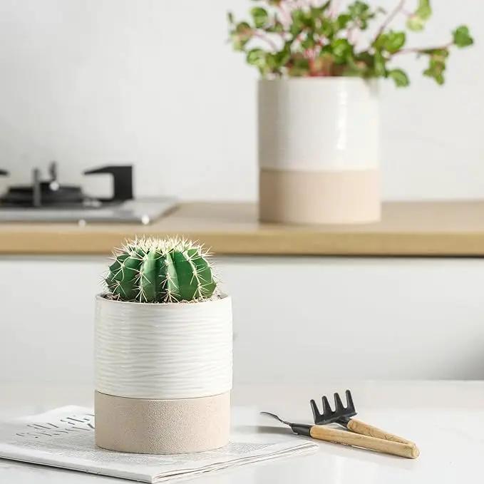 Nihow Self Watering Plant Pot: 4.5 Inch Ceramic Planter with Drainage Hole & Water Storage Plus for Indoor & Outdoor Plants - Cylinder Flower Pot for Herbs/Violets - White & Brown by GreenHaven Gardens