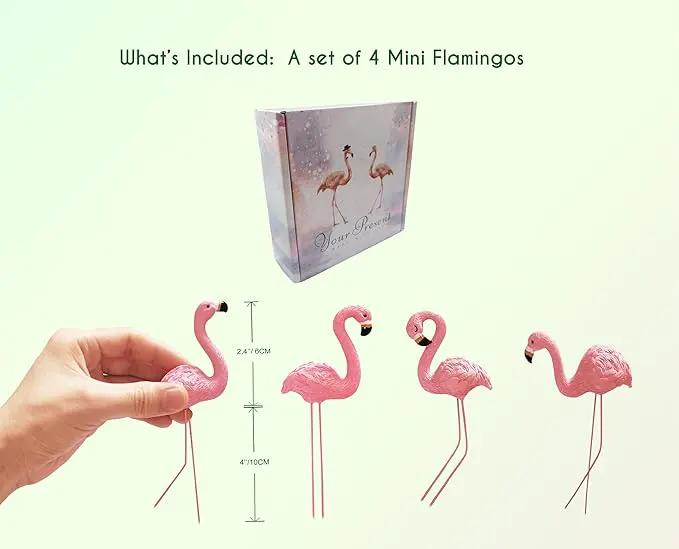 Mini Flamingos Figurines with Stakes - Set of 4 Small Flamingos Garden Gifts for Women Resin for Flower/Plant Pot Decorations - Miniature Fairy Garden by GreenHaven Gardens