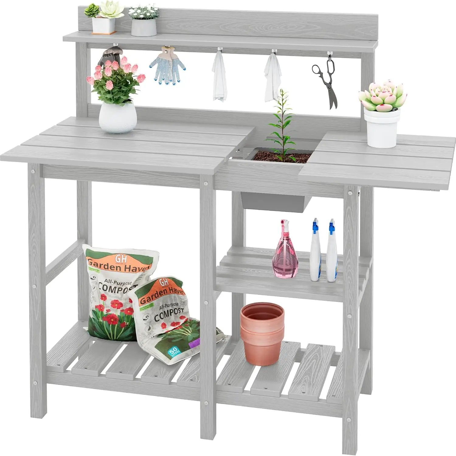 SERWALL Potting Bench Outdoor Potting Table with Sink, HDPE Potting Benches for Outside Gardening Table All Weather Use- Spanish Gray by GreenHaven Gardens