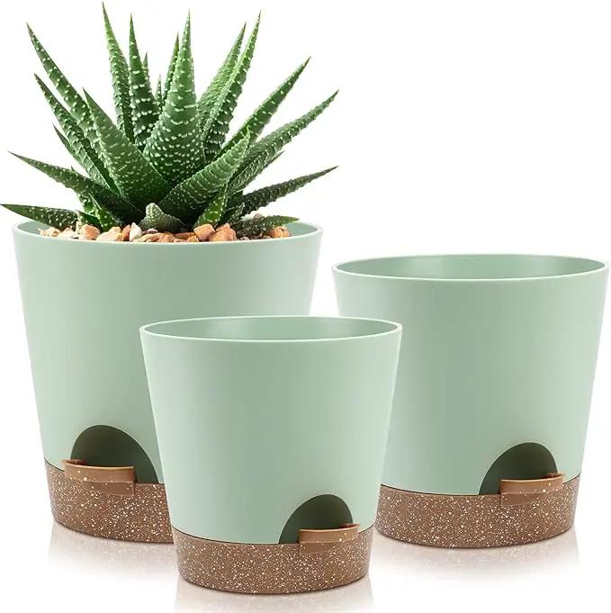 Indoor Self Watering Planters with Drainage Holes and Saucers, 9,8, 7.5 Inches, Green, 3 Pots (Springgreen) by GreenHaven Gardens