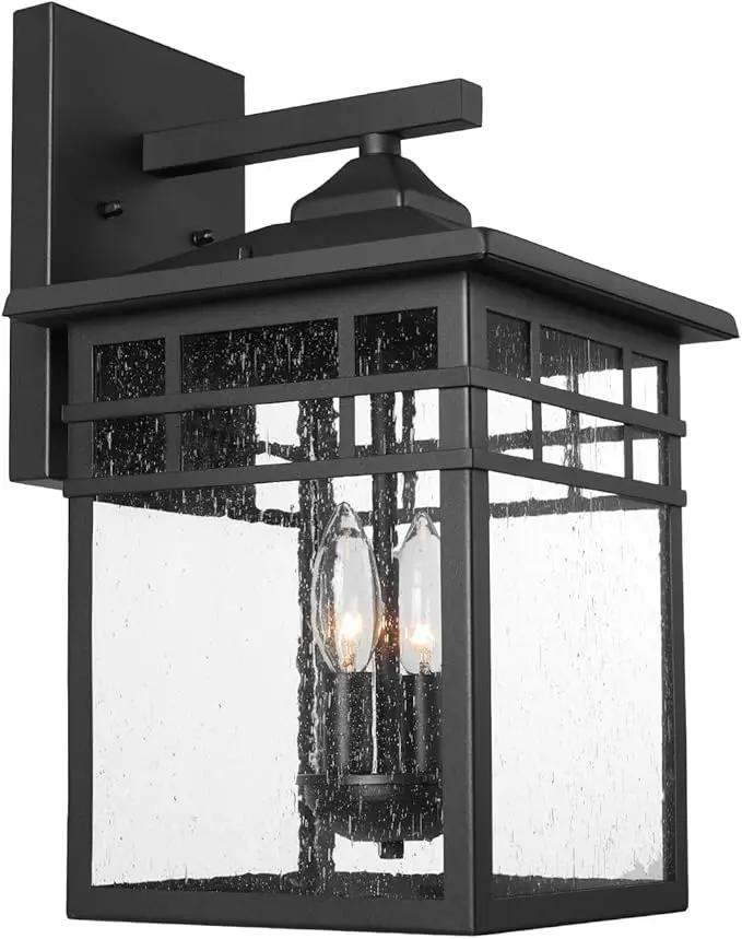 Outdoor Light Fixture Wall Mount, Black Exterior Light Fixture Wall Sconces with Seeded Glass for Front Porch, Large Waterproof Outdoor Square Wall Lantern Outside for House Doorway by GreenHaven Gardens