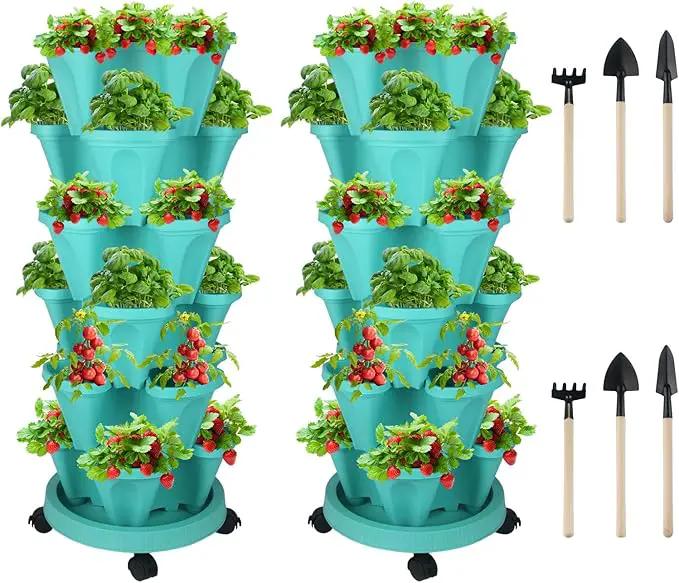 Vertical Planter 6 Tier Stackable Planters Garden Planters Strawberry Herb Flower and Vegetable Planter Indoor Outdoor Gardening Pots with Removable Wheels and Tools by GreenHaven Gardens