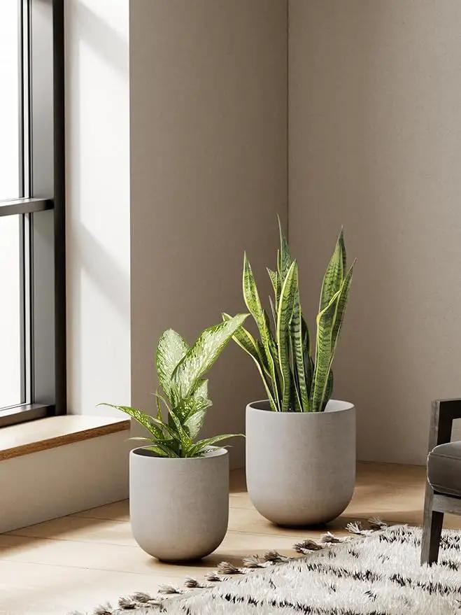 LE TAUCI 6+8+10 Inch Plant Pots Indoor, Ceramic Planters for Indoor Plants, Cylinder Pots with Drainage Hole and Plug, Planter Pots for Home Office Room Patio, Set of 3, Neutral Gray by GreenHaven Gardens
