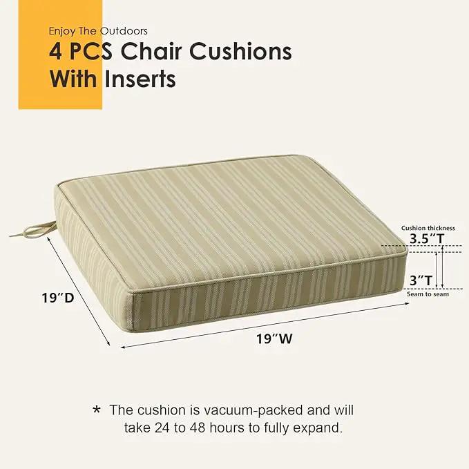 Outdoor Square Corner Seat Cushion, 19"x19"x3", Set of 4, Non Slip Seat Cushion Pads with Removable Cover for Patio Furniture, Garden Yard Lawn, Beige Brown Stripe by GreenHaven Gardens