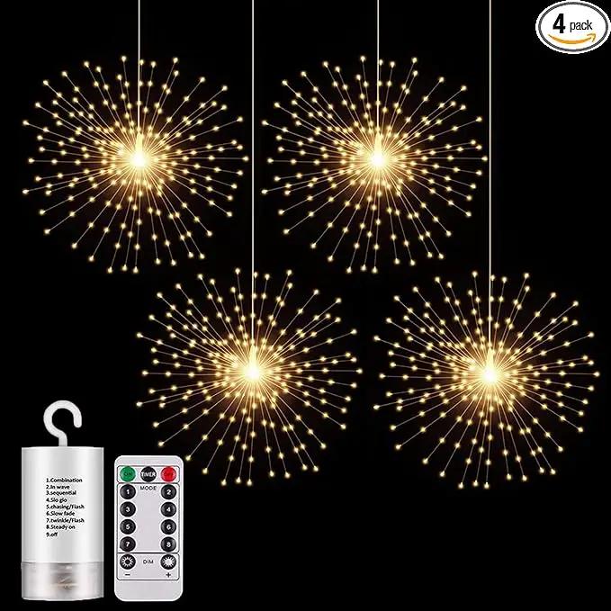 4 Pack 800 LED Starburst Sphere Lights, Battery Operated Firework, 8 Modes Dimmable Remote Control Waterproof Hanging Fairy, Copper Wire for Patio Parties Christmas (Warm White) by GreenHaven Gardens