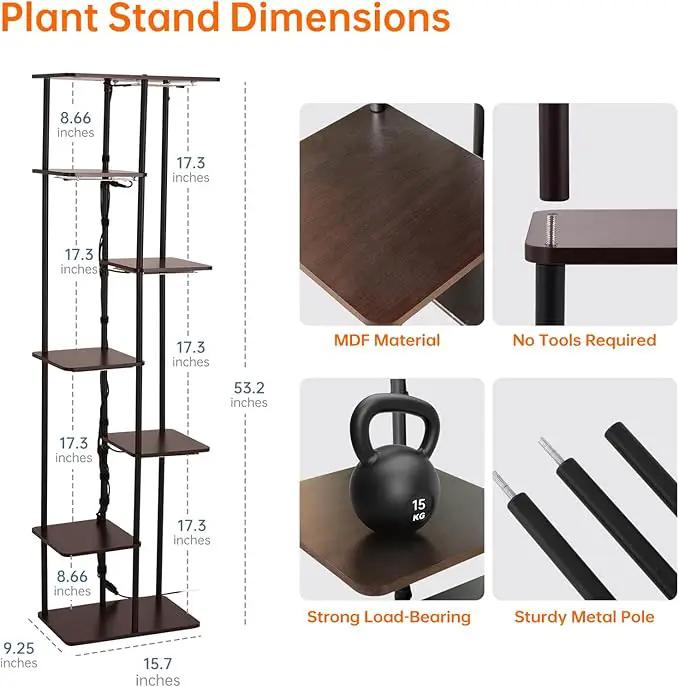 Indoor Plant Stand with Grow Lights , 7 Tier Corner Wooden Tall Grow Light Stand for Indoor Plants , Full Spectrum Dimmable 50W(5x10W) LED Grow Light Panel with Timer for Garden , Living Room by GreenHaven Gardens