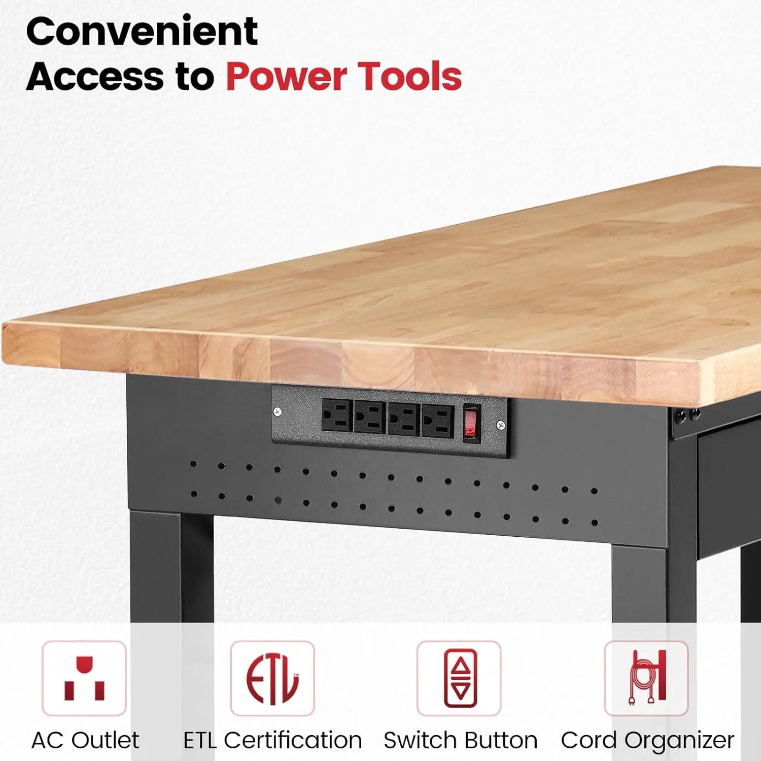 Work Bench for Garage with Shelf Bracket 60 x 22 Inch Heavy Duty Rubberwood Tabletop Work Table Adjustable Height Workbench with Drawer, Power Outlets for Woodworking Shop, Home, Office by GreenHaven Gardens