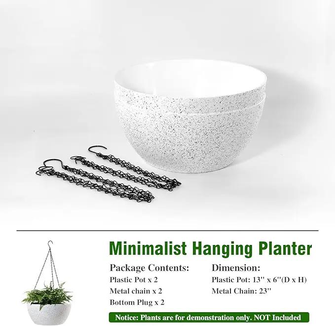 WOUSIWER 13 inch 2Pack Large Hanging Planters for Outdoor Indoor Plants with Drainage Holes and Chain, Round Hanging Flower Pots for Garden Home Porch Decor, White Speckles by GreenHaven Gardens