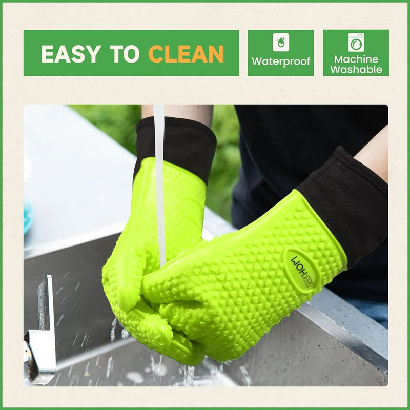 GEEKHOM BBQ Gloves Heat Resistant Oven Mitts - Silicone Grilling Gloves with 13.7" Arm Protection - Waterproof Pot Holder Non-Slip for Men & Women, Kitchen Outdoor Cooking, Baking, Camping, Green by GreenHaven Gardens