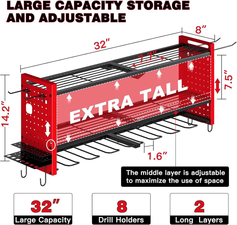 Power Tool Organizer Wall Mount,Cordless Drill Hanger Storage Rack 8 Drill Holder,3 Layers Heavy Duty Power Tool Storage Rackr(Red) by GreenHaven Gardens