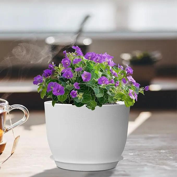 12 inch Large Plant Pots, Plastic Planters with Drainage Holes and Saucers, Flower Pots for Indoor Outdoor Plants, Modern Decorative Pots for Garden House Plants, White by GreenHaven Gardens