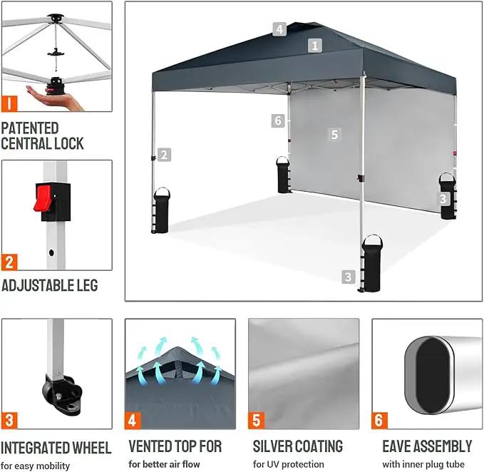 CROWN SHADES 10x10 Pop Up Canopy with 1 Side Wall - Beach Tent with One Push Setup - Outdoor Sun Shade for Events, Parties, Camping - Gazebo with STO-N-Go Cover Bag (Grid Grey) by GreenHaven Gardens
