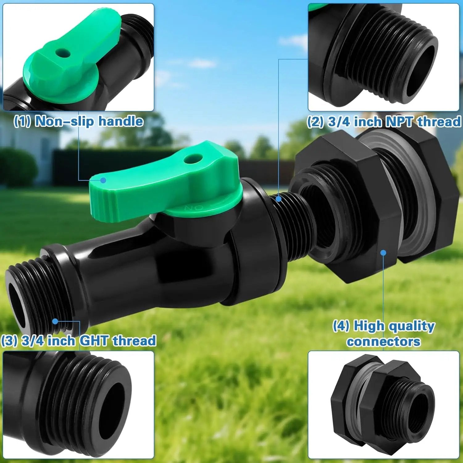 Plastics Rain Barrel Spigot Kit,High Flow Valve Core Water Tank Faucet+PVC Bulkhead Fitting,Straight Head 3/4 NPT to 3/4 GHT Rain Barrel Spigot for Plastic Bucket rainwater Drum Container by GreenHaven Gardens