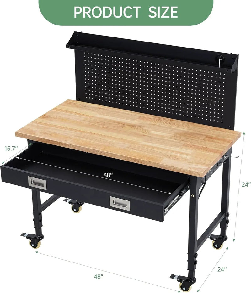 48'' Adjustable Workbench, Heavy Duty Workbench with Drawer and Backplate, 2000 LBS Capacity Work Table with Power Outlet and Lockable Wheels, Suitable for Office, Garage, Workshop by GreenHaven Gardens