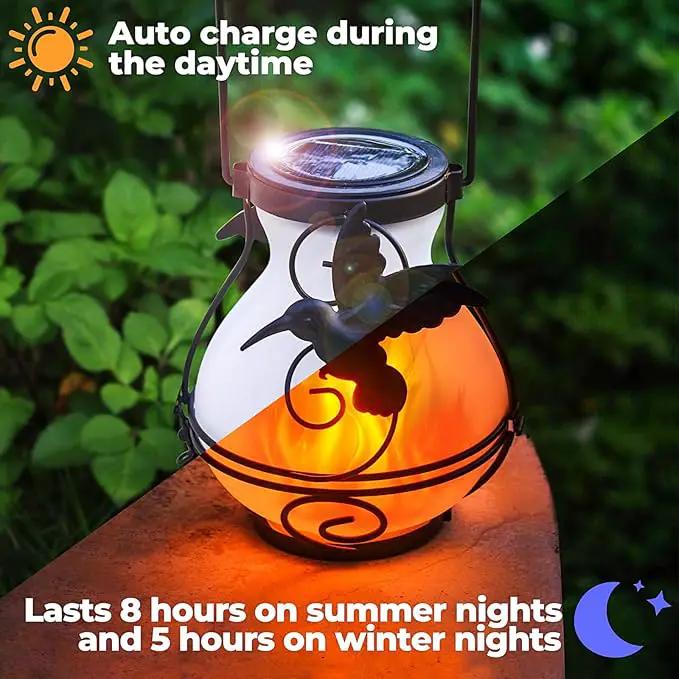 2 Pack Solar Flickering Flame Lights,Outdoor Upgraded Metal Lantern for Hanging Solar Powered Waterproof LED Flame Glass Lanterns for Patio Garden Christmas Halloween Decorations by GreenHaven Gardens