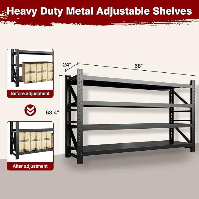 8000LBS Metal Steel Storage Shelves - 68" W Black 4 Tier Heavy Duty Rack Commercial Industrial Shelving with Adjustable Shelf for Basement Garage Warehouse - 68" W x 24" D x 63.4" H by GreenHaven Gardens