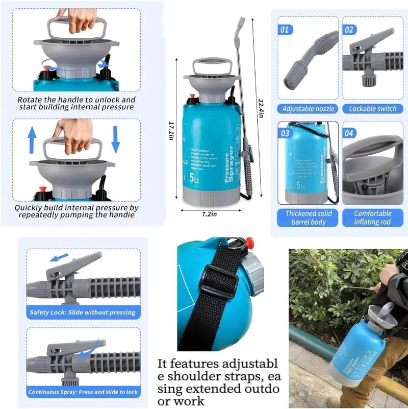 Upgraded Reinforced 1.3 Gallon Pump Pressure Sprayer-Watering for Plants, Weeds Control, Lawn Care with Adjustable Nozzles &Comfort Strap by GreenHaven Gardens