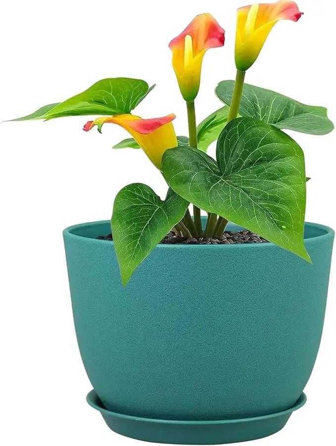 Plant Pots 12 inch, Plastic Planters with Drainage Holes and Saucers, Large Flower Pots for Indoor Outdoor Plants, Modern Decorative Pots for Garden House Plants, Blue Green by GreenHaven Gardens