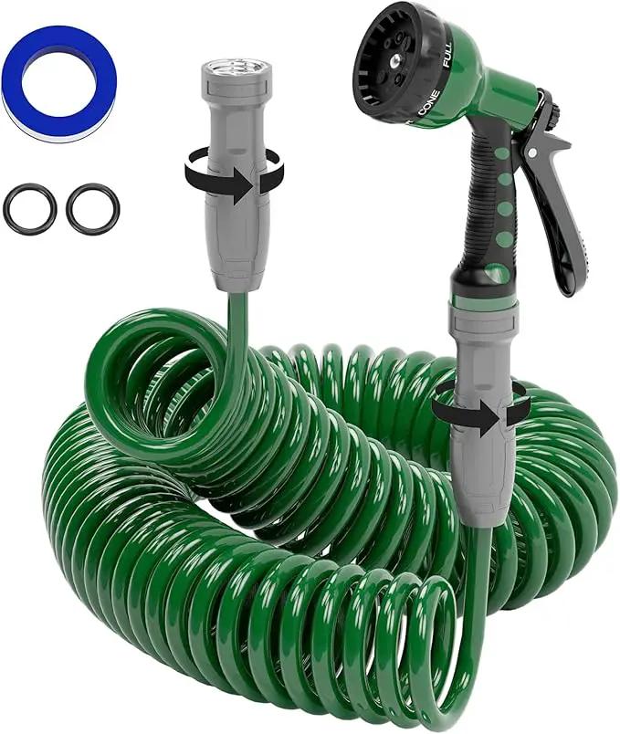 3/8" Lightweight Coil Garden Hose 50 FT, EVA Flexible Curly Water Pipes with 6-Pattern Spray Nozzle for Boat, Greenhouse, Yard, Patio, Green by GreenHaven Gardens