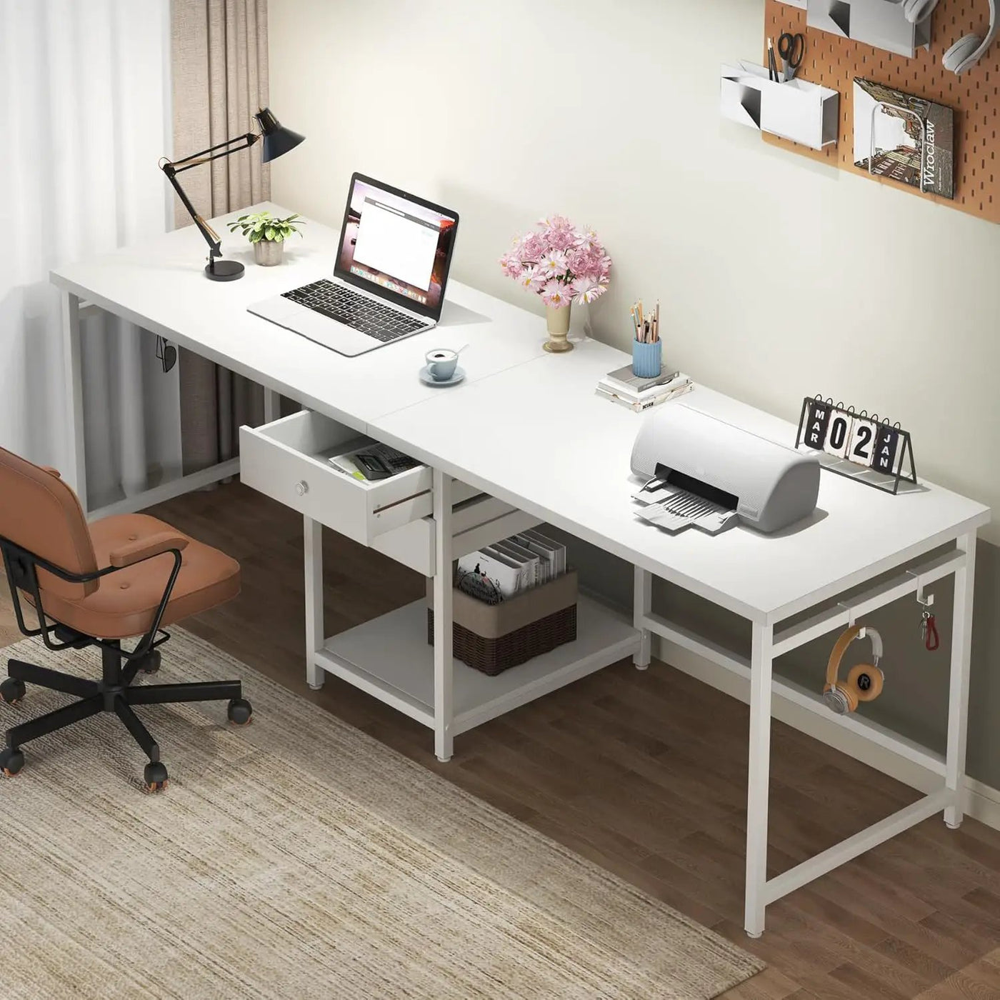 2 Person Computer Desk With Drawers And Shelves, Extra Long Double Workstation by HouseOfZazla