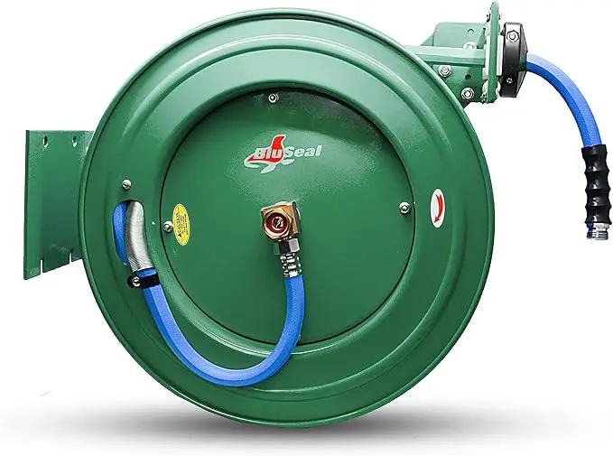 Auto Retractable Water Hose Reel with Hot & Cold Water Rubber Garden Hose, Spray Nozzle - Ultra Light, Super Strong with 6' Lead-in Hose (5/8” x 50’ Green) by GreenHaven Gardens