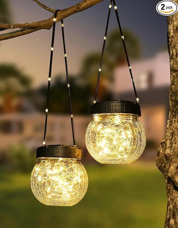 Solar Lantern Solar Lights Outdoor Waterproof 2-Pack, Solar Powered Hanging Lights Cracked Glass Hanging Globes for Christmas Decoration, Shepherd Hook, Garden Tree Ornaments by GreenHaven Gardens