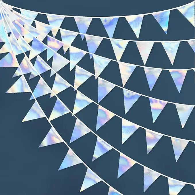 33Ft Iridescent Party Decoration Holographic Fabric Triangle Pennant Banner Flag Cotton Bunting Garland for Birthday Wedding Bridal Shower Bachelorette Engagement Disco Euphoria Galaxy Party Supplies by GreenHaven Gardens