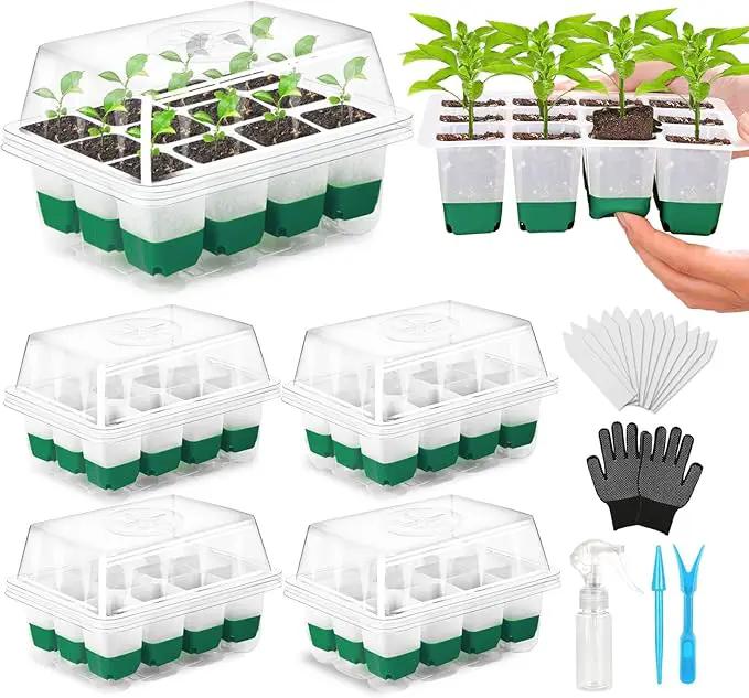 Reusable Seed Starter Tray, 4 Pack Silicone Seed Starter Kit for Starting Plant Seeds with Humidity Adjustable Dome and Lid, Indoor Seed Starting Supplies with Water Spray Bottle for Plants, BPA-Free by GreenHaven Gardens