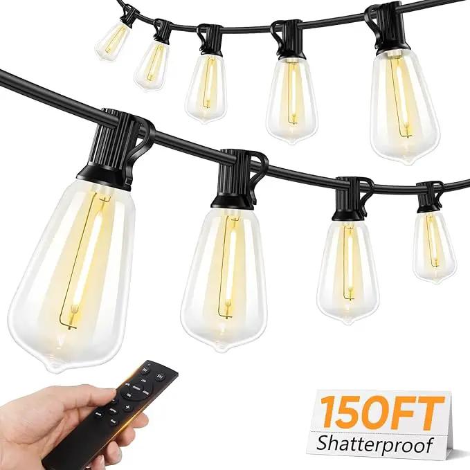 Brightever LED Outdoor String Lights, 150FT Dimmable Patio Lights with Remote Control, 45+2 Shatterproof ST38 Edison Bulbs, 3 Lighting Modes, 3H/5H Timer, Outdoor Hanging Light for Holiday, Party by GreenHaven Gardens