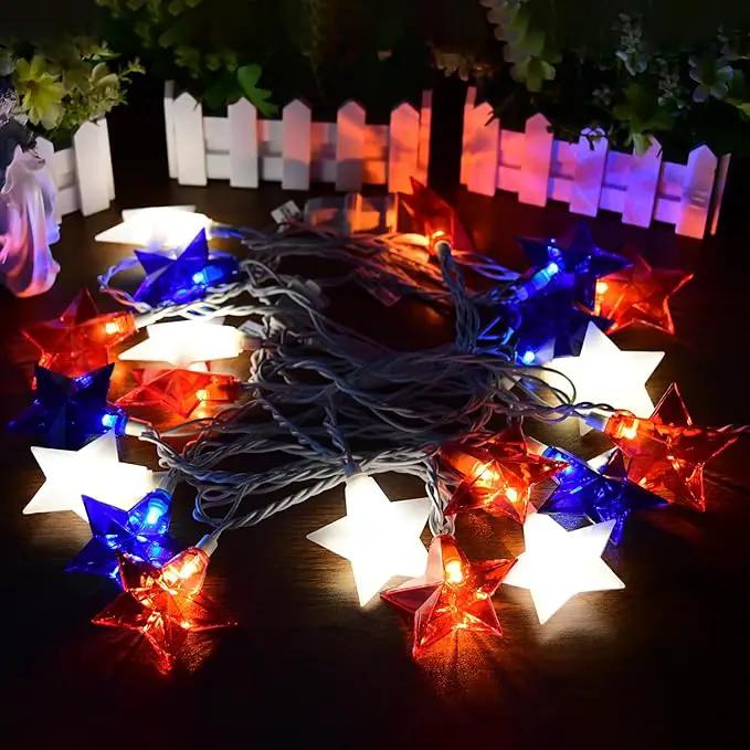 20 LED 4th of July Decor Big Star Lights, 17FT Red White and Blue Star String Lights Plug in, Memorial Day Independence Day Patriotic Decorations Outdoor Indoor for Home Garden Patio, White Wire by GreenHaven Gardens