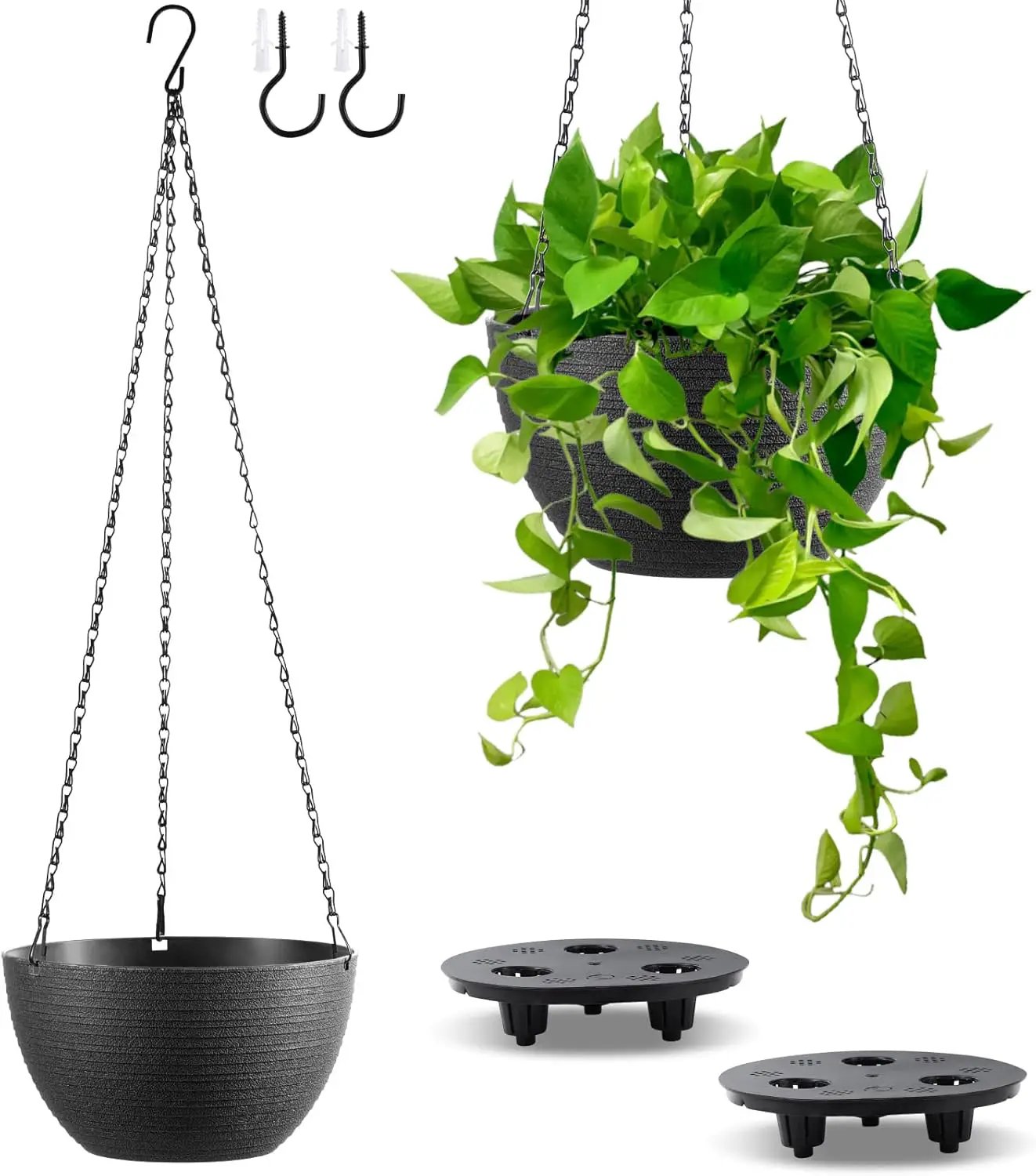 Hanging Planters for Indoor Outdoor Plants, Set of 2 Self Watering Hanging Pots with Drainage Hole & Plug and 20" Chain & Hooks by GreenHaven Gardens