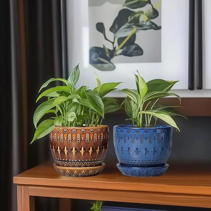 G EPGardening 5.5 Inch Plant Pot - Ceramic Planter for Indoor Outdoor Plants, Boho Round Indoor Flower Pot with Drainage Hole and Saucer, Housewarming Gifts, Garden Home Room Decor, Brown by GreenHaven Gardens
