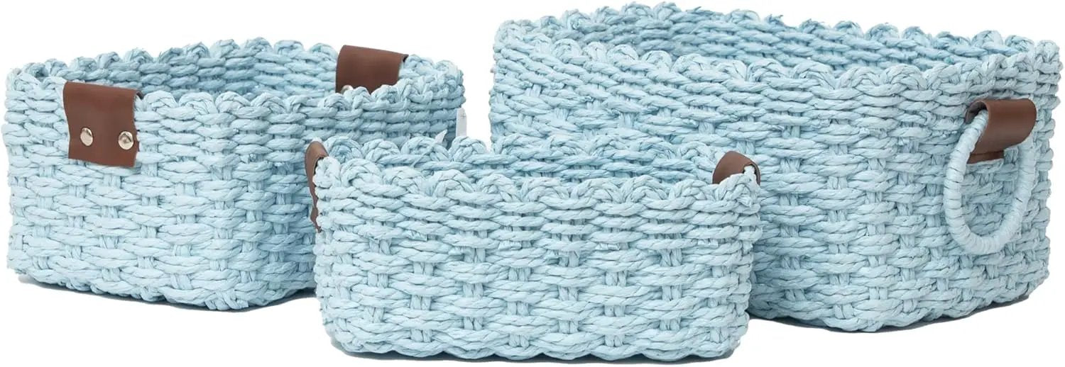 Small baskets for Organizing,Cute woven Storage basket with recycled paper rope for Shelves Bathroom,Little decorative basket,Set of 3 (Sky-Blue) by GreenHaven Gardens