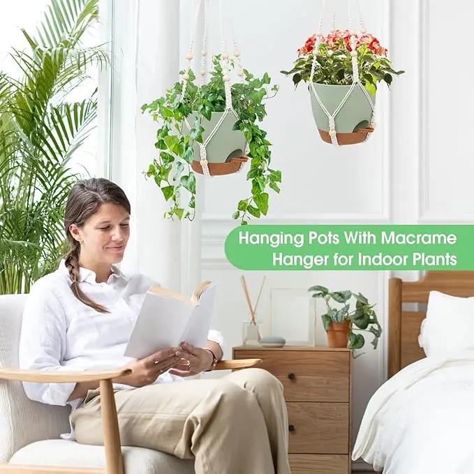 Hanging Planters for Indoor Outdoor Plants, 2 Pack Self Watering Hanging Pot with Drainage Holes, Removable Tray & 2 Kinds of Plant Hangers, 8'' Hanging Flower Pots for Home Garden Decor, Green by GreenHaven Gardens