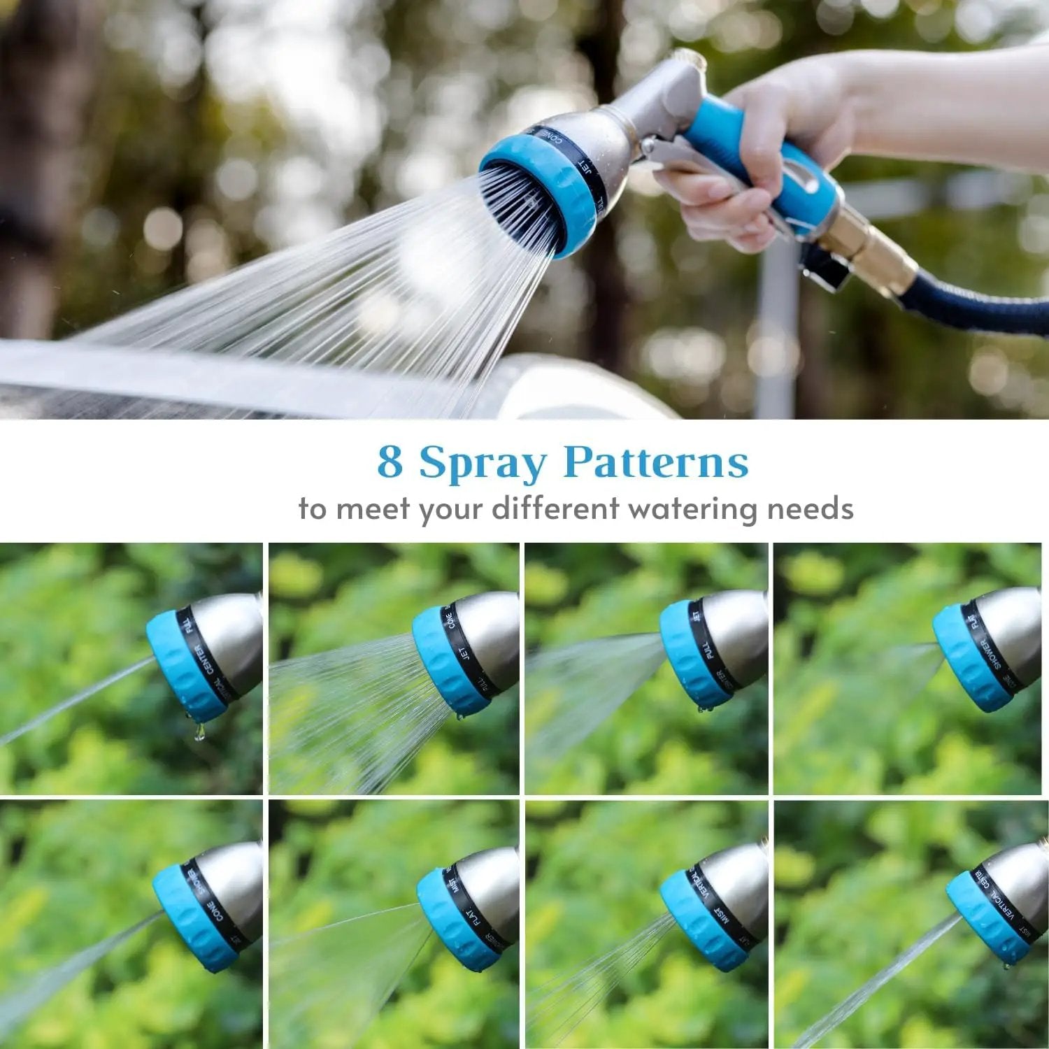 HOSUN Garden Hose Nozzle Sprayer Heavy Duty, 100% Metal Water Hose Nozzle with 8 Spray Patterns, High Pressure Hose Spray Nozzle with Non-Slip Grip for Watering Plant & Lawn, Washing Car & Pet, Blue by GreenHaven Gardens