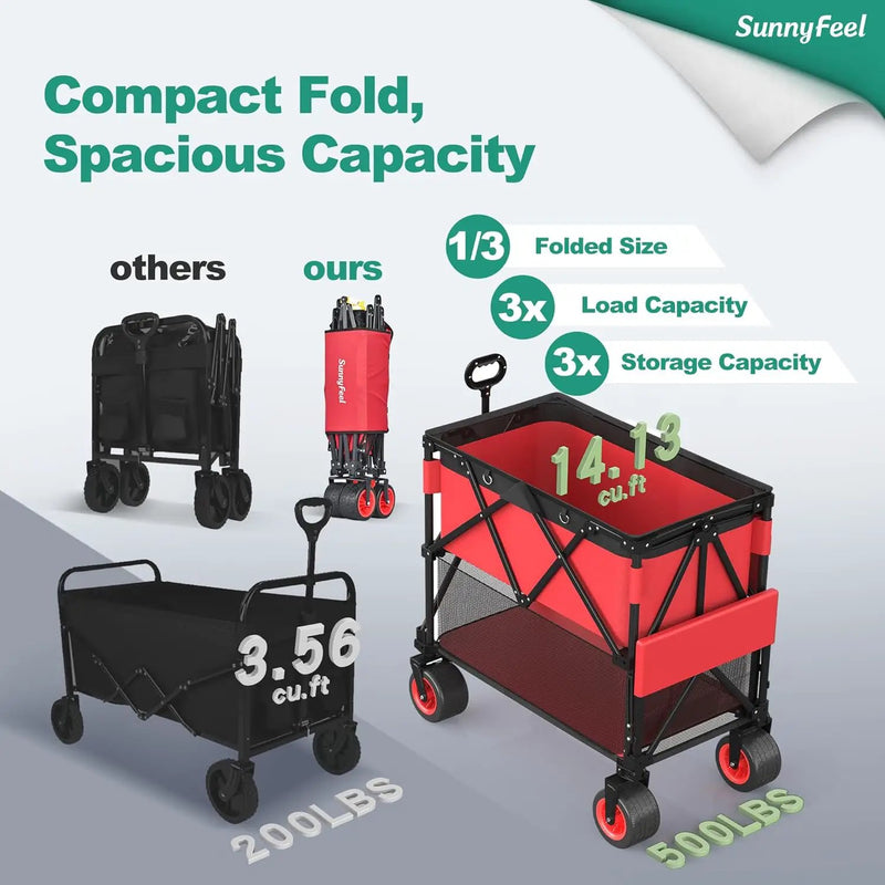 SUNNYFEEL Heavy Duty Collapsible Outdoor Utility Wagon Cart 500LB Capacity Adjustable Handlebar,Foldable Beach Wheels Stable Durable Oxford Fabric for Shopping Garden Camping (Red, Double Deck) by GreenHaven Gardens