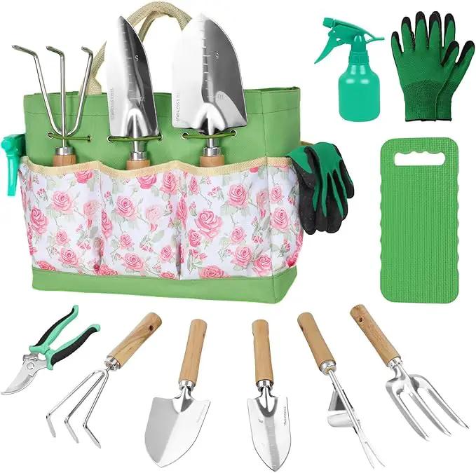 Garden Tool Set,10 Piece Garden Kit,Heavy Duty Stainless Steel Gardening Hand Tools with Durable Storage Tote,Rust-Proof Garden Tools,Gardening Gifts for Women Men Pink Floral Pattern Design by GreenHaven Gardens