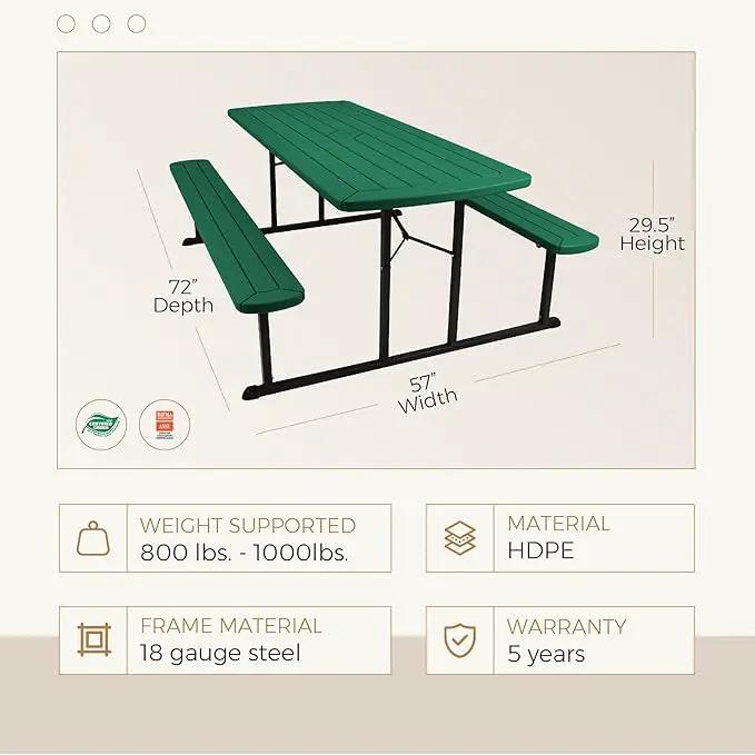 OEF Furnishings Heavy Duty Blow Molded Folding Picnic Table - Green, Black Frame by GreenHaven Gardens