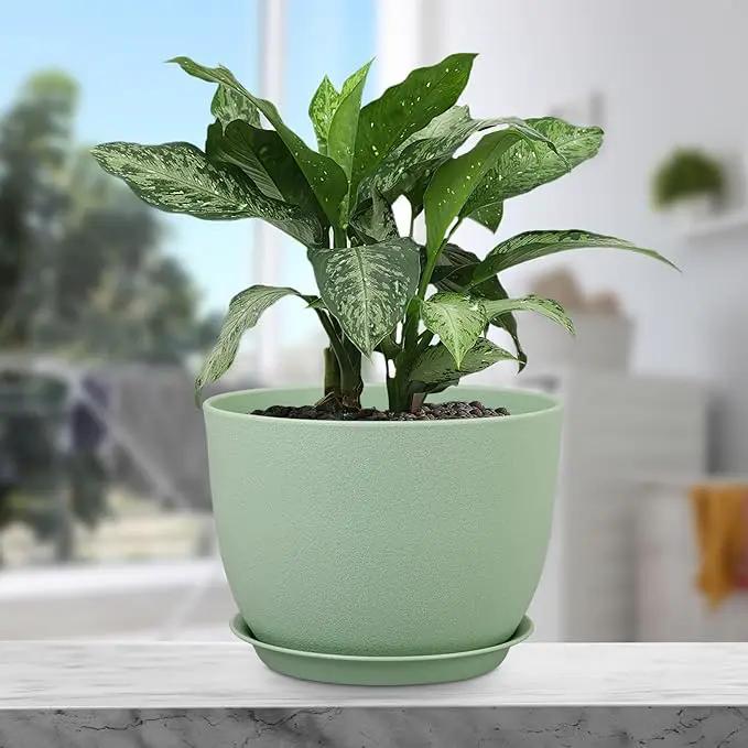 12 inch Big Plant Pots, Plastic Planters with Drainage Holes and Trays, Flower Pots for Indoor Outdoor Plants, Modern Decorative Pots for Garden House Plants, Green by GreenHaven Gardens