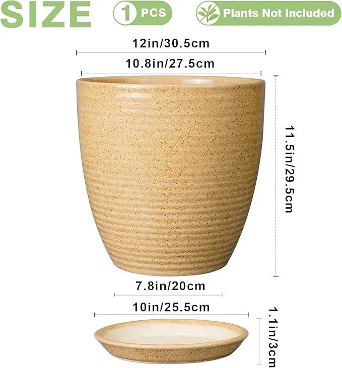 Ceramic Plant Pot 12 Inch - Large Planter for Indoor Plants Outdoor Flower Pot with Drainage Hole and Saucer Round Decorative Planter for Home Patio Garden Balcony Yellow by GreenHaven Gardens