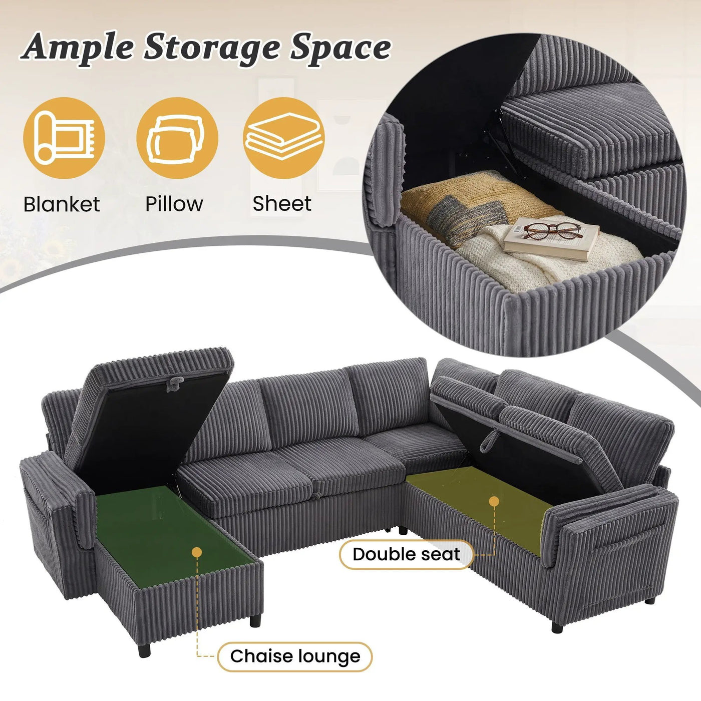 Convertible U-Shaped Sectional Sofa Bed With USB Ports And Storage by HouseOfZazla