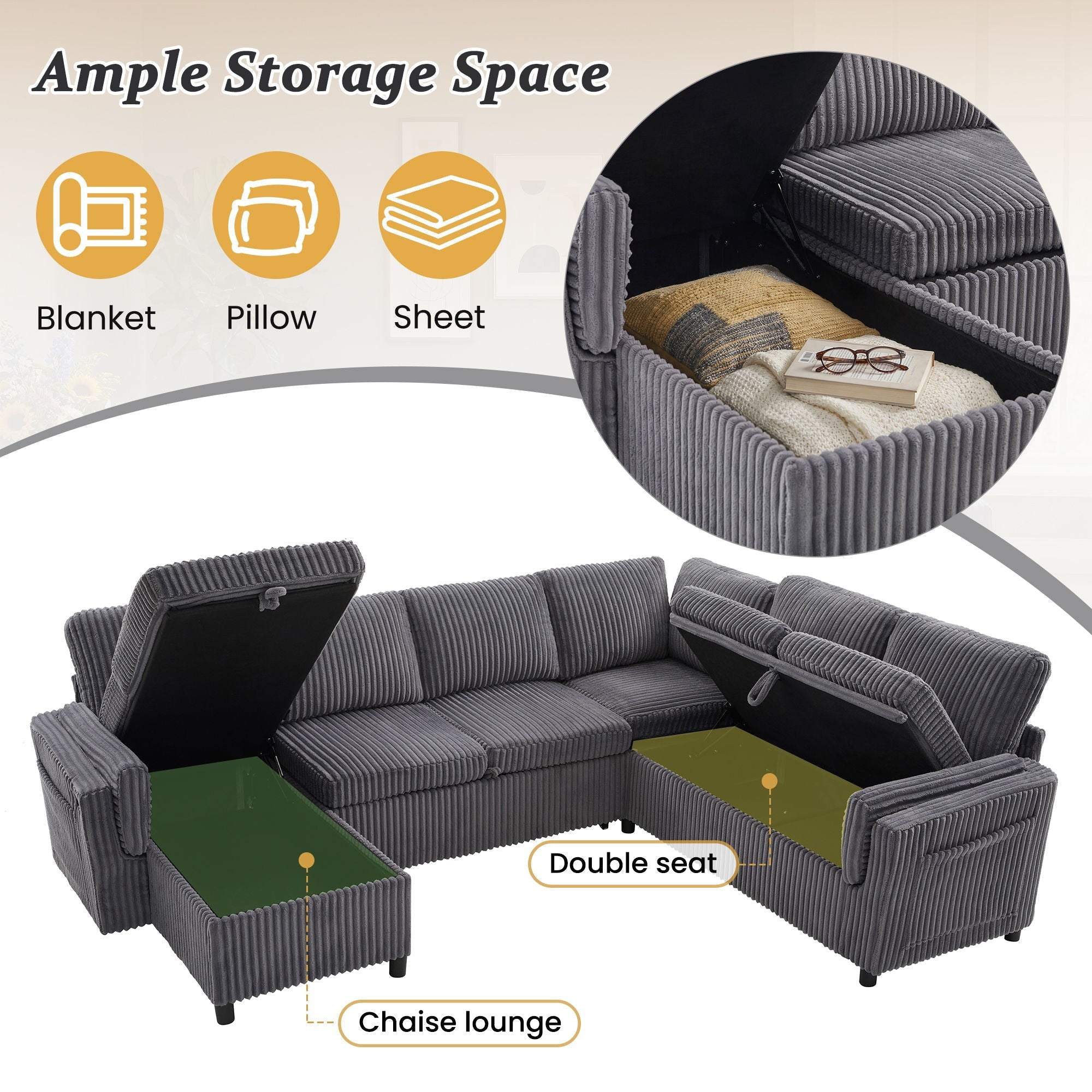 Convertible U-Shaped Sectional Sofa Bed With USB Ports And Storage by HouseOfZazla