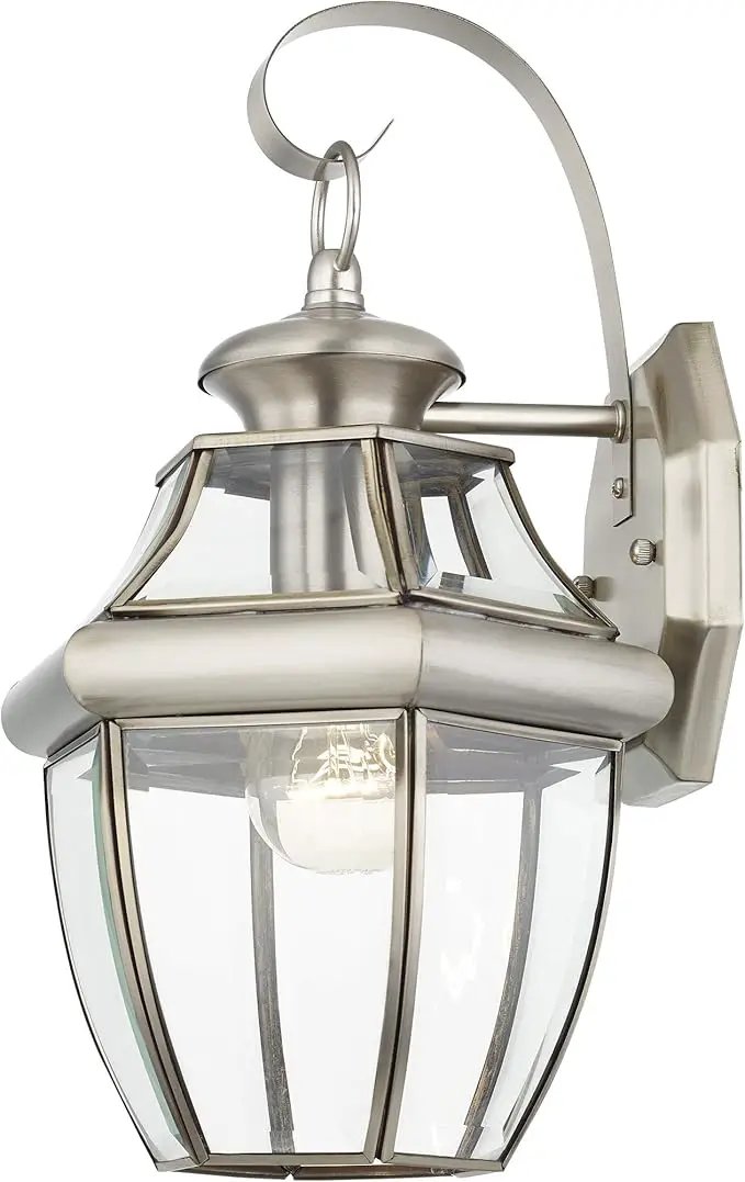Livex Lighting 2151-91 Monterey 1 Light Outdoor Brushed Nickel Finish Solid Brass Wall Lantern with Clear Beveled Glass 13" x 8.5" x 8.25" by GreenHaven Gardens