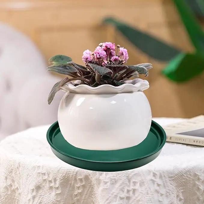4 Pack Ceramic Plant Saucer Pot Tray 4 Inch, Planter Saucers 4 5 6 7 8 9 10 11 12 13 Inch for Indoors Outdoor, Durable Sturdy Flower Drainage drip Water Tray for Glazed Pots Base (4.7 Inch-Green) by GreenHaven Gardens