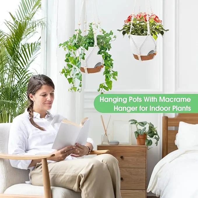 Hanging Planters for Indoor Outdoor Plants, 2 Pack Self Watering Hanging Pot with Drainage Holes, Removable Tray & 2 Kinds of Plant Hangers, 8'' Hanging Flower Pots for Home Garden Decor, White by GreenHaven Gardens