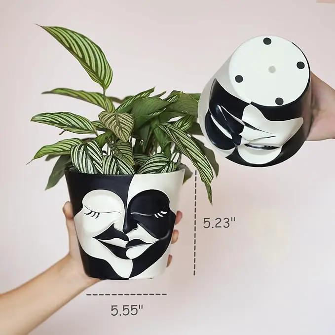GUGUGO Face Planters Pots with Drainage, Flower Plant Pots for Indoor Plants, Unique Funny Small Succulent Desk Vase for Plant Lover Gifts (Bicolor-Black & White, 5.5Inch) by GreenHaven Gardens