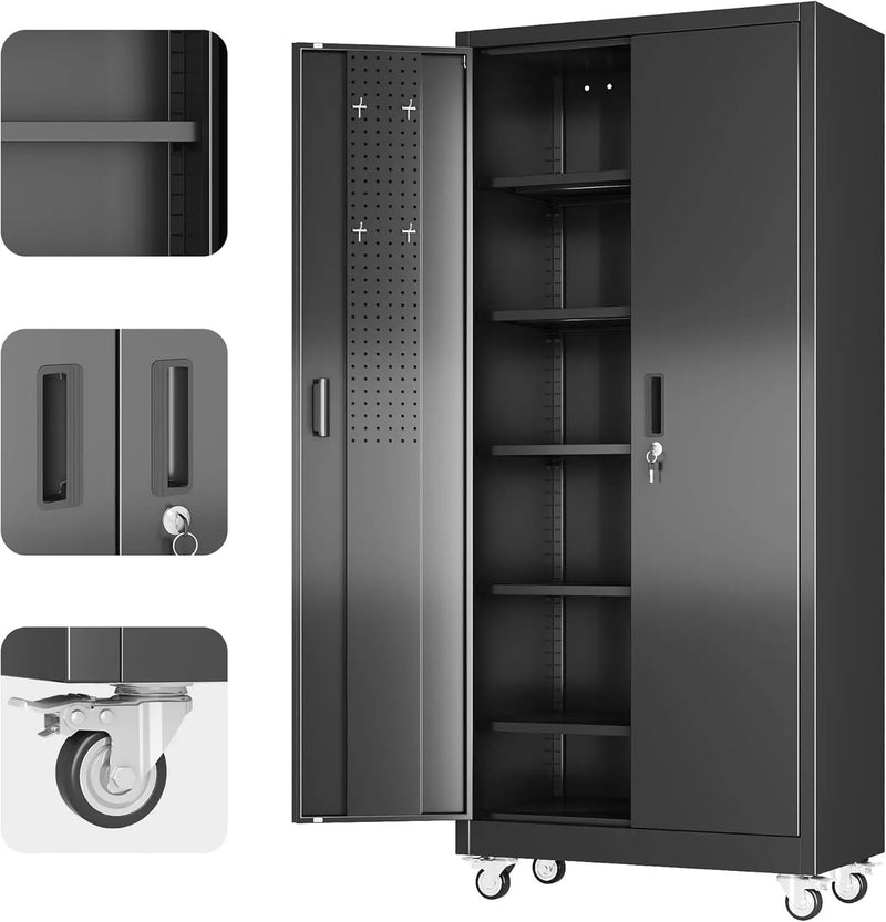 Aobabo 71" H×32" W×16" D Metal Storage Cabinet with Wheels, Garage Steel Storage Cabinet with 5 Adjustable Shelves and 4 Hooks for Home Office, Kitchen, Assembly Required, Black by GreenHaven Gardens