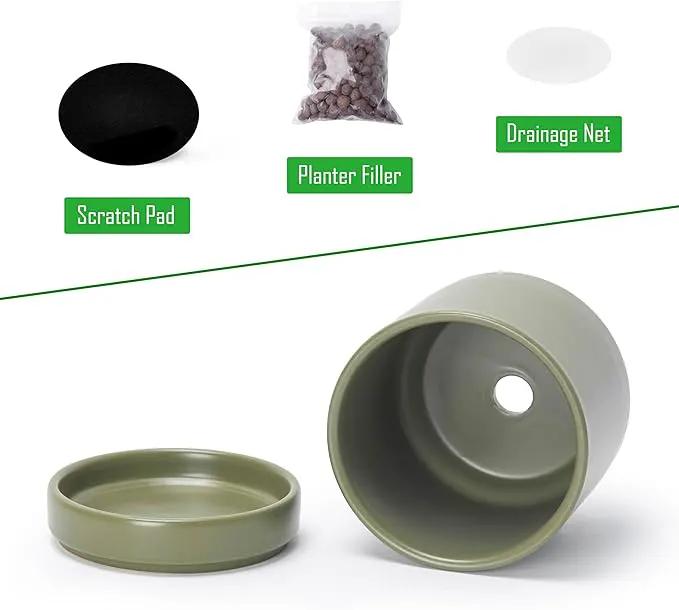 D'vine Dev Set of 2 Plants Pots, 3.5 Inch Ceramic Planter Pot for Plants with Drainage Hole and Saucer, Olive, 94-V-A-J by GreenHaven Gardens