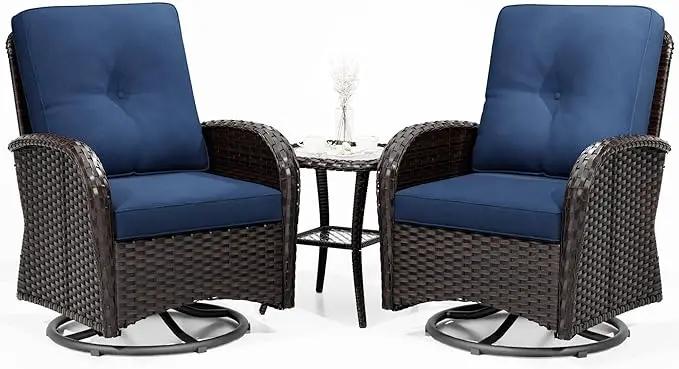 Joyside Outdoor Swivel Rocker Chairs, 3 Piece Wicker Patio Set with Thick Cushion and Side Table, Rattan Patio Swivel Rocking Chairs for Porch, Deck Use (Brown/Blue, 3 PCS) by GreenHaven Gardens