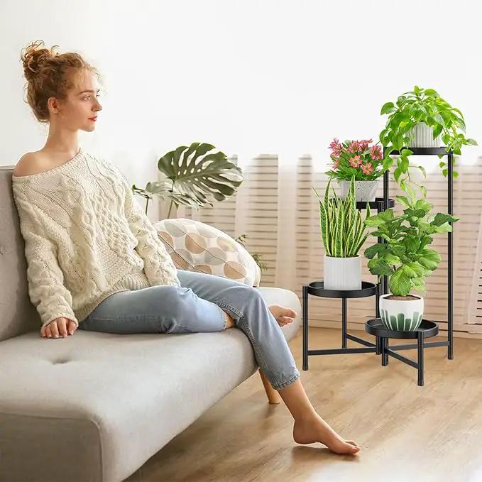 iDavosic.ly 4 Tier Large Plant Stand Indoor with 10 Inch Wide Tray, Tiered Corner Metal Outdoor Flower Display Holder Shelf, Folding Tall Rack for Patio Porch Living Room, Modern Black by GreenHaven Gardens